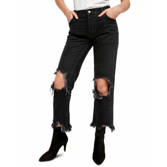 Free People Maggie Distressed Straight Leg Jeans In Washed Black - 24 - Picture 2 of 3